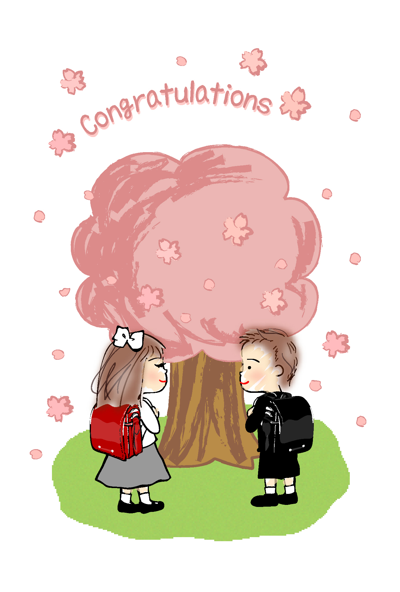 入学 卒業祝いはがき 桜と新一年生 ダウンロード かわいい無料