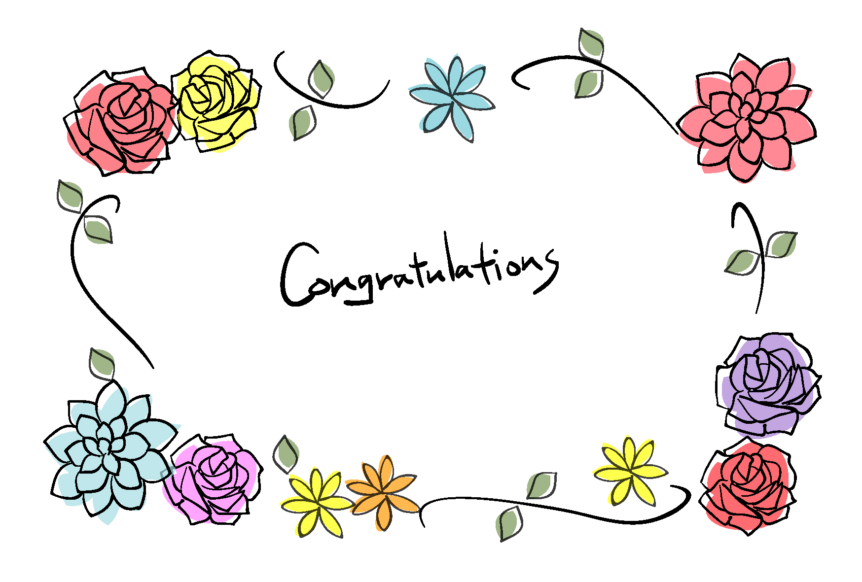 結婚祝い 報告はがきテンプレート お花飾り枠 Congratulations ダウンロード