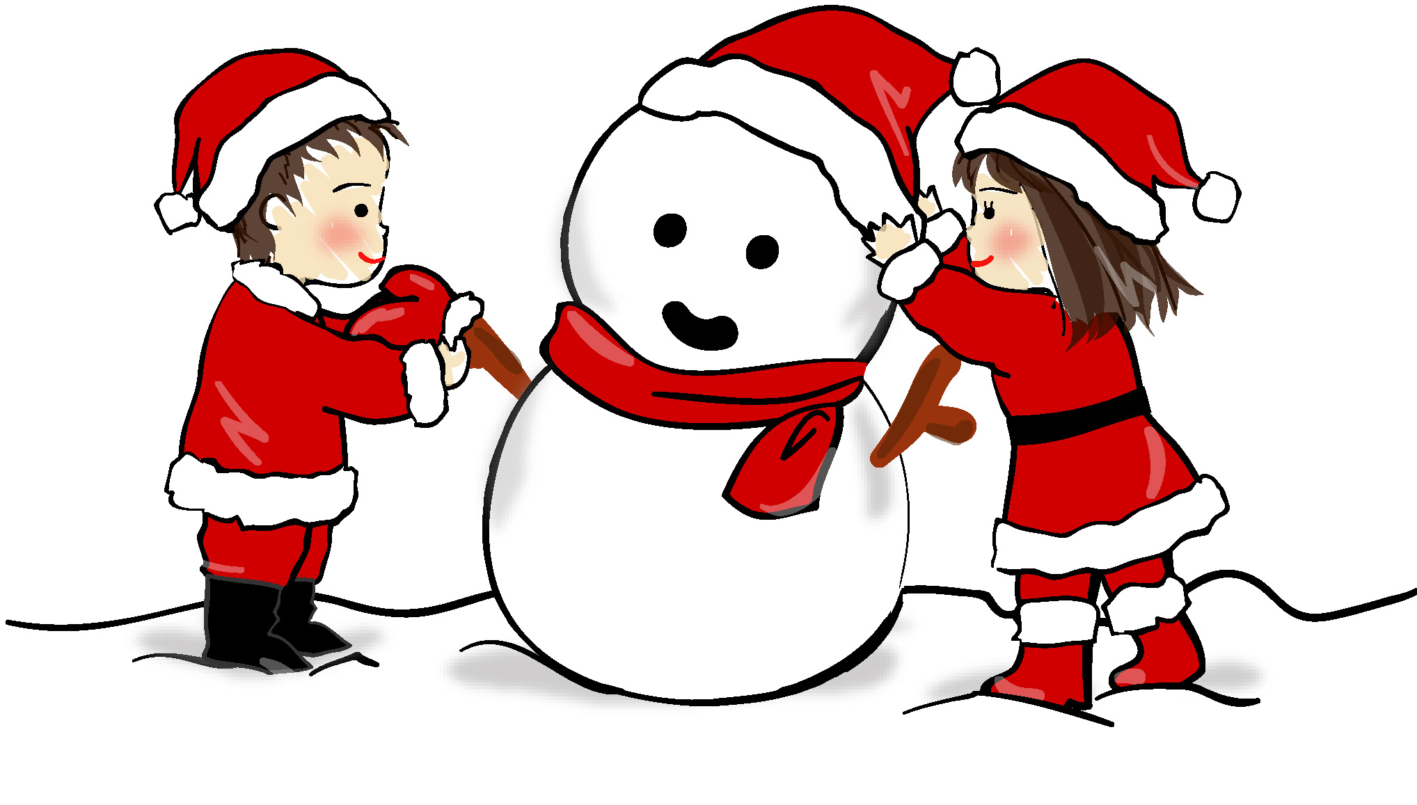 冬の印刷用イラスト素材 クリスマス 雪だるまと子どもたち ダウンロード